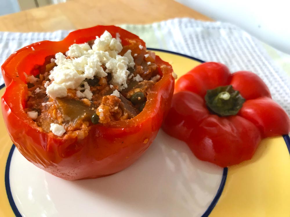 Peppers Stuffed with Eggplant, Onions, Capers & Feta